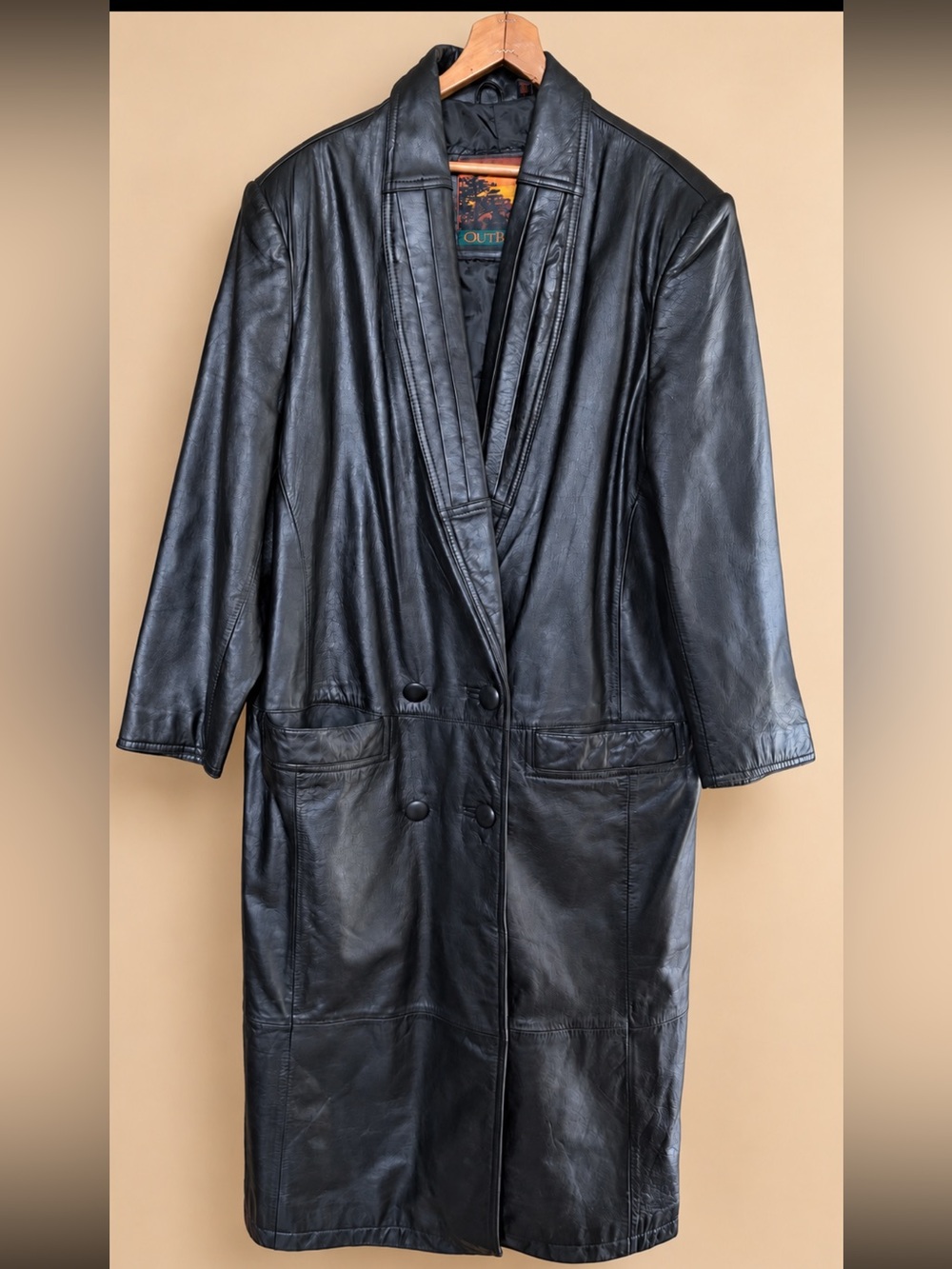 Vintage OutBrook Black Genuine Leather Long Coat Petite L
